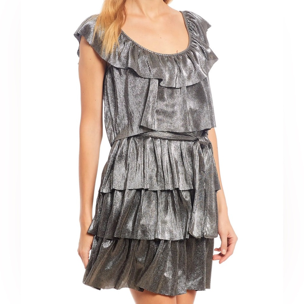 Michael Kors Metallic Silver Tiered Cocktail Dress with Belt Size Large